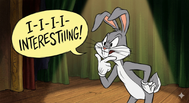 ai-generated image of Bugs Bunny saying i-i-i-i-i-i-nteresting