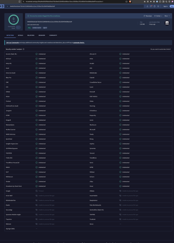 screenshot of VirusTotal dash saying that RACE.dmg is clean